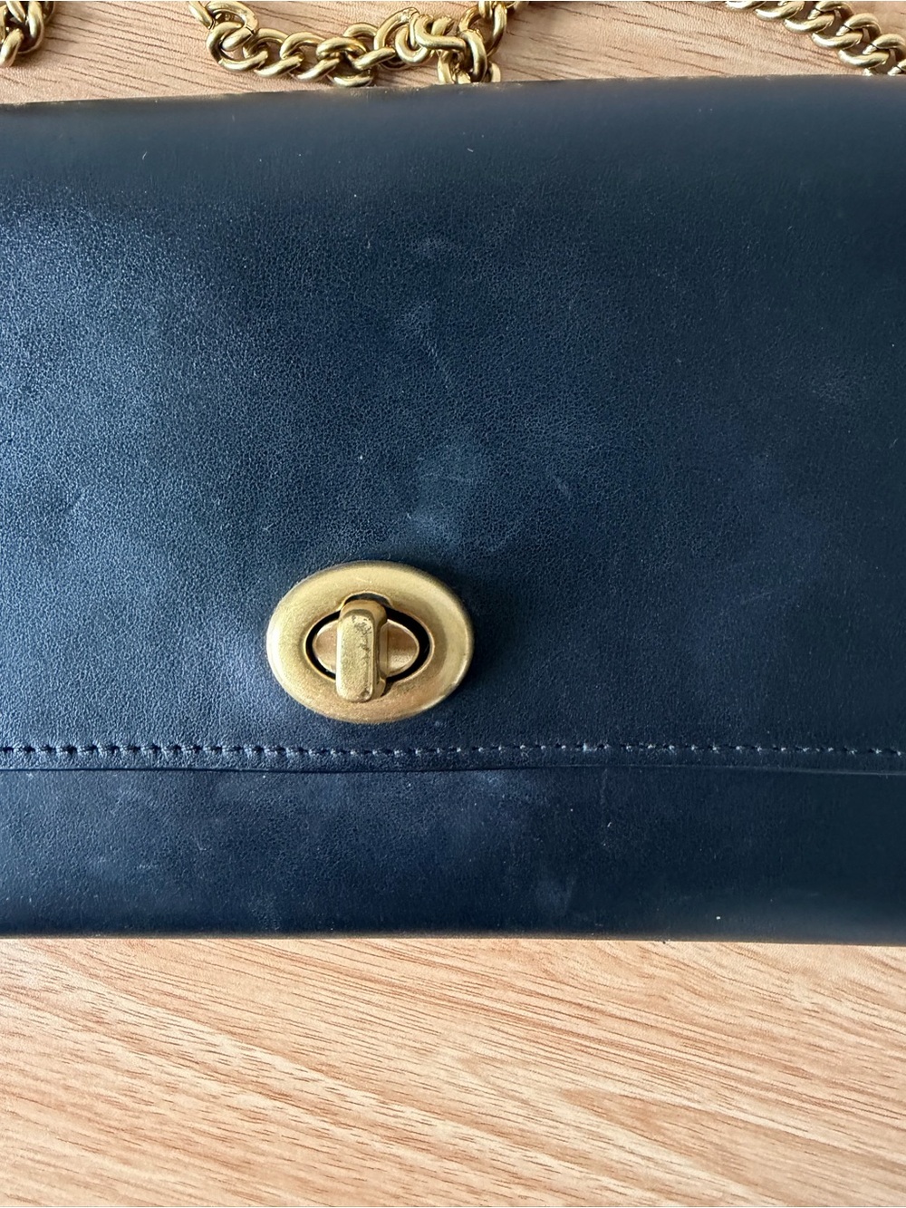 Coach Black Leather Crossbody with Gold Chain and Turnlock - Picture 2 of 7